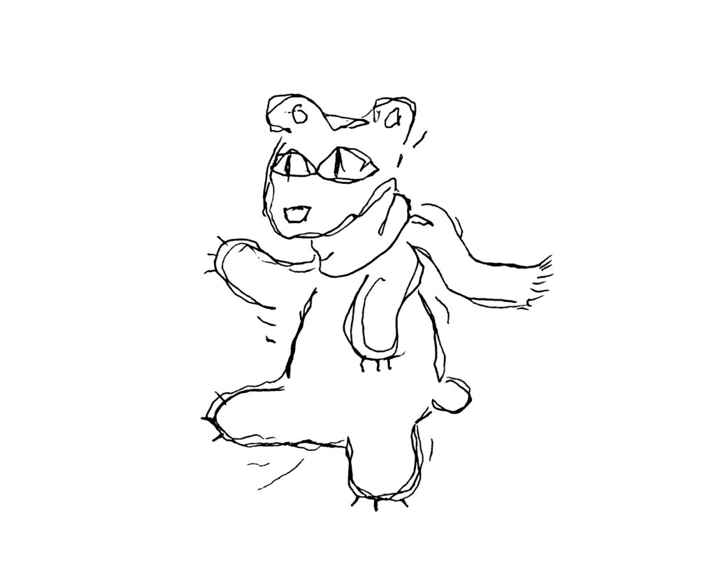 A crude hand-drawn doodle of a bear wearing a scarf and standing upright on its hind legs. Motion lines indicate the possibility of dancing.