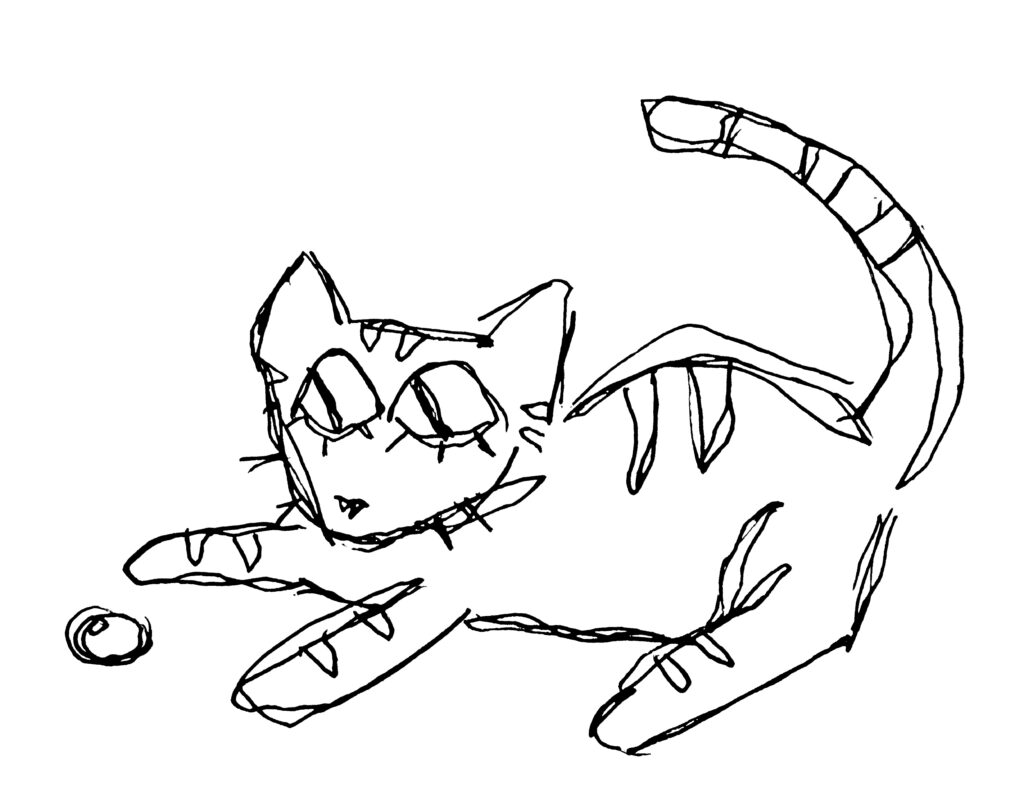 A crude hand-drawn doodle of a moundcat playing with a ball.